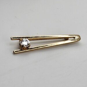Gold Tone Bar Pin Brooch with Round Faceted Rhinestone Accent‎ Vintage